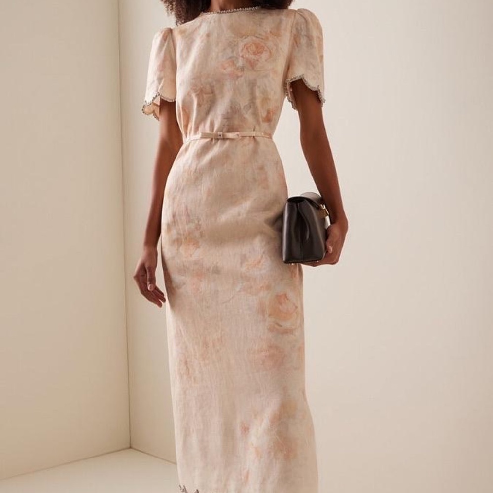 Zimmermann Scalloped Midi Dress Size 4 Ivory Floral Wedding Guest Dress